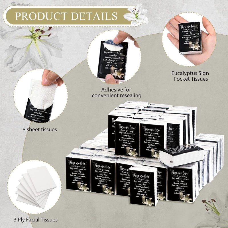 Fumete 100 Packs Memorial Facial Tissues Those We Love Don't Go Away Inspirational Poem Pocket Tissues 3 Ply Napkins Packs Funerals Wedding Supplies for Family Relatives Guests, 700 Sheets(Black) - Image 3